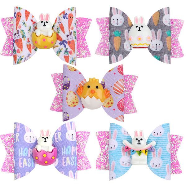 Cartone animato per bambini Anime Fermaglio per capelli in pelle con fiocco Uovo di Pasqua Coniglio carino Stampa Archi Tornante Boutique Accessori per capelli per ragazze 1315 B3