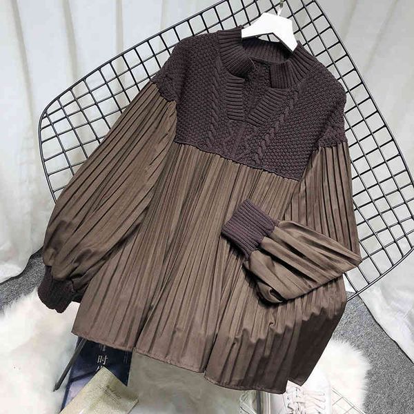 

women's blouses & shirts [ewq] korea blouse autumn v-neck knit spliced loose single breasted long lantern sleeve shirt female fashion 0, White