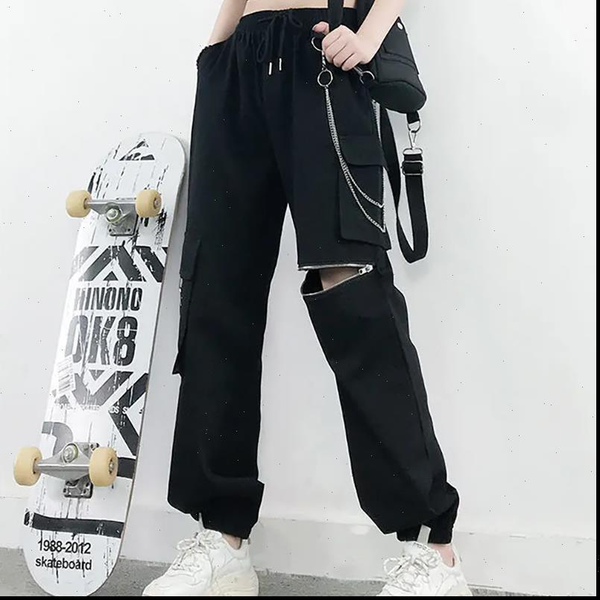 

broken zipper hip hop loose womens pants show thin black casual sweatpants streetwear cargo clothing, Black;white