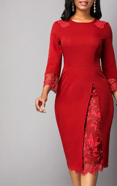 

autumn red solid color women dress s 5xl large size elegant lace stitching slim plus work vestidos, Black;gray