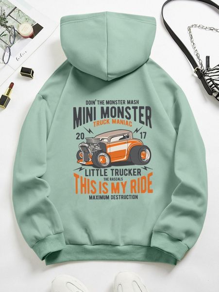 

car & slogan graphic drawstring thermal lined hoodie 46t1#, White;black
