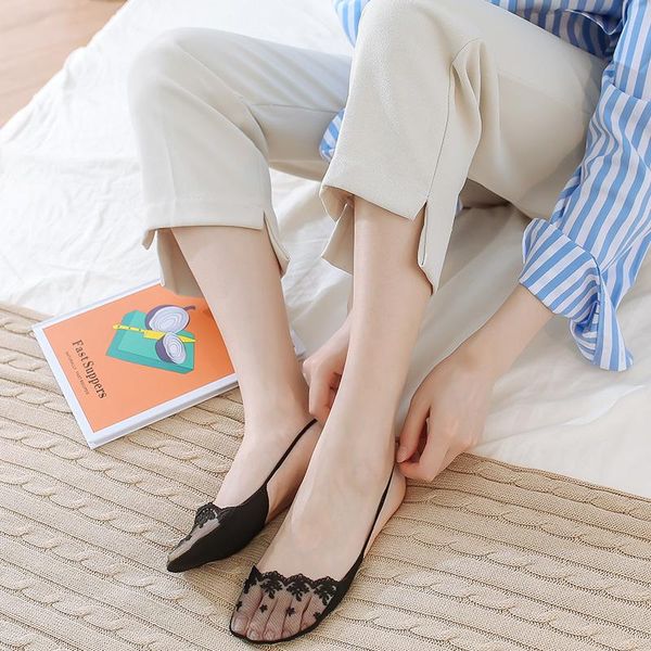 

socks & hosiery transparent short lace women summer hollow out female soft low invisible no show boat sock slippers black, Black;white