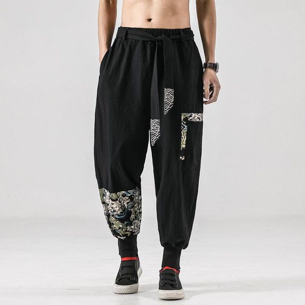 

#2552 spring summer thin cotton linen pencil harem pants men with belt casual vintage trousers side pockets loose plus size men's, Black