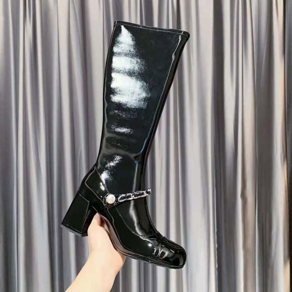 

luxury women knee boots fashion highs heels boot r ladies genuine leather platform martin booty woman thick with box, Black