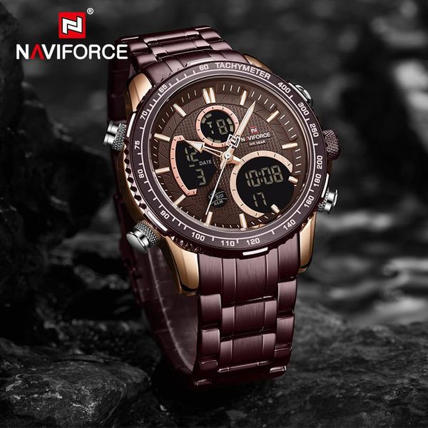 

wristwatches brand naviforce watches for men fashion business luminous big dial dual time waterproof wrist male relogio masculino, Slivery;brown