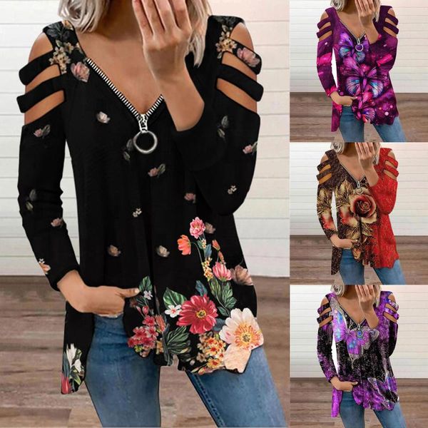 

women's blouses & shirts woman clothes casual rose prints zipper autumn hollow out long sleeve ladies loose blouse and vetement, White