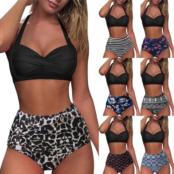

women's swimwear women vintage swimsuit two piece bikini retro halter ruched high waist print bather bathing suit set 2021#g, White;black