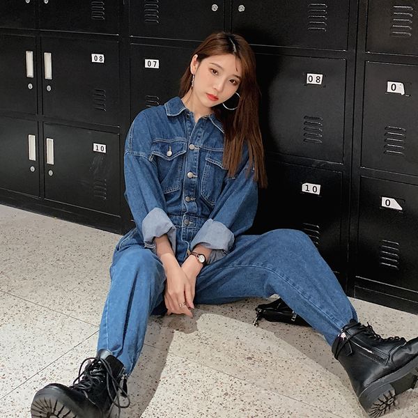 

fashion blue high waist denim jumpsuit 2021 spring autumn women single-breasted long sleeve straight loose cowboy rompers female, Black;white