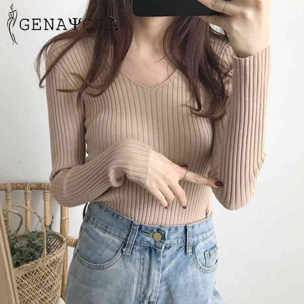 

genayooa black knit womens v neck sweaters and pullovers jumpers long sleeve casual slim sweater women 210417, White;black