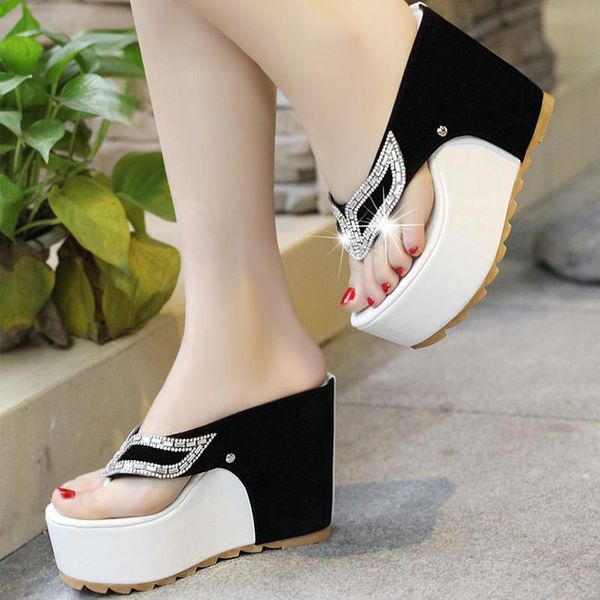 

wedges platform fashion beach sandals zapatos mujer women's summer shoes woman rhinestone flip flops spuer high heels, Black