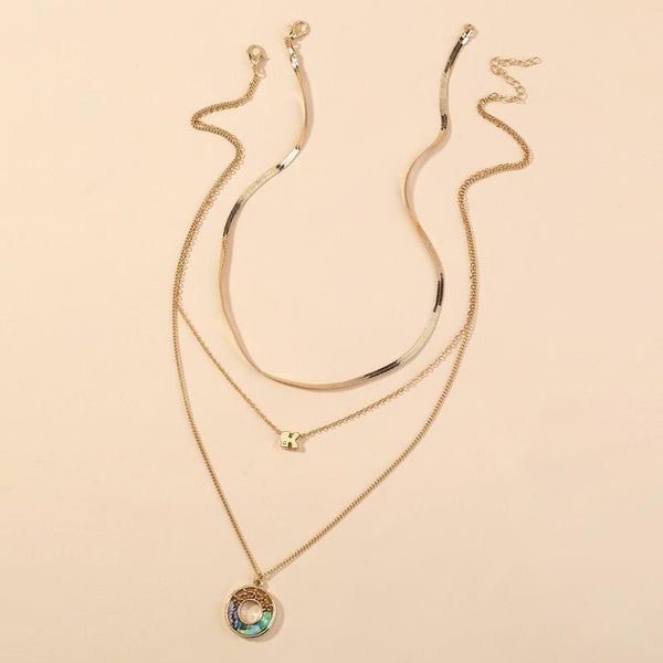 

chains selling fashion natural abalone shell fresh style hollow round alloy multi-layer chain necklace with zircon letters, Silver