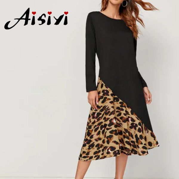 

casual dresses 2021 autumn leopard dress for women vintage long loose sleeve party winter animal print elegant black, Black;gray