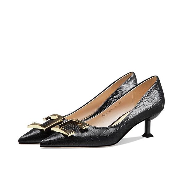 

dress shoes salu point toe women pumps spring summer party wedding med heels genuine leather elegant woman, Black