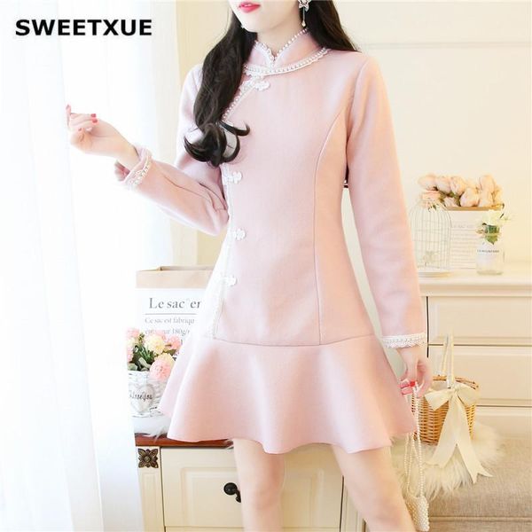 

casual dresses sweetxue spring retro cheongsam improved dress ladies temperament cute beaded embroidered ruffle mini women, Black;gray