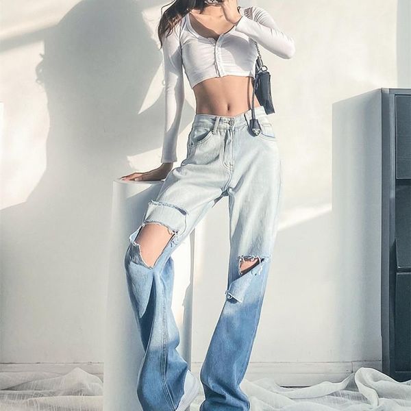 

women's jeans hole gradient straight high waist loose drape american retro beggar wide-leg pants mom women, Blue