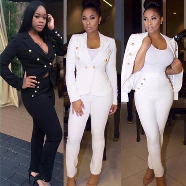 

women's two piece pants 2 pcs women formal suits jacket long sleeve buttons blazers lady outfits work clothes, White