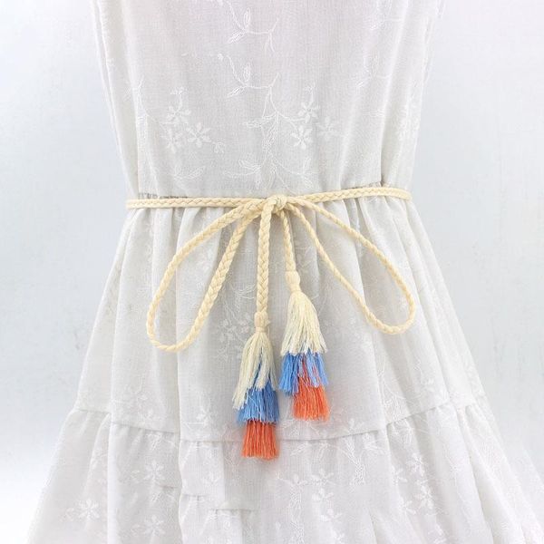 

belts fashion women woven belt small fresh thin braid tassel rope waist for dresses waistband knot decorated cotton string, Black;brown