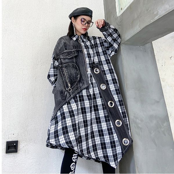 

women's blouses & shirts johnature fashion plaid patchwork denim long irregular plus size womens and autumn female 2has, White
