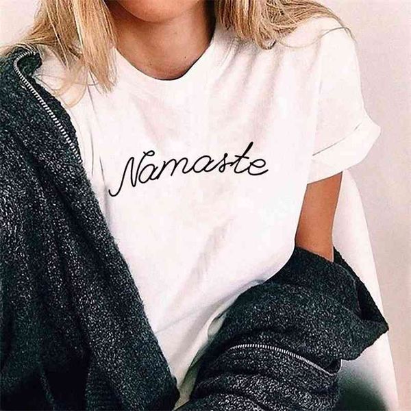 

namaste graphic tshirt women short sleeve cotton t shirts black femme t-shirts white camisetas mujer 210623