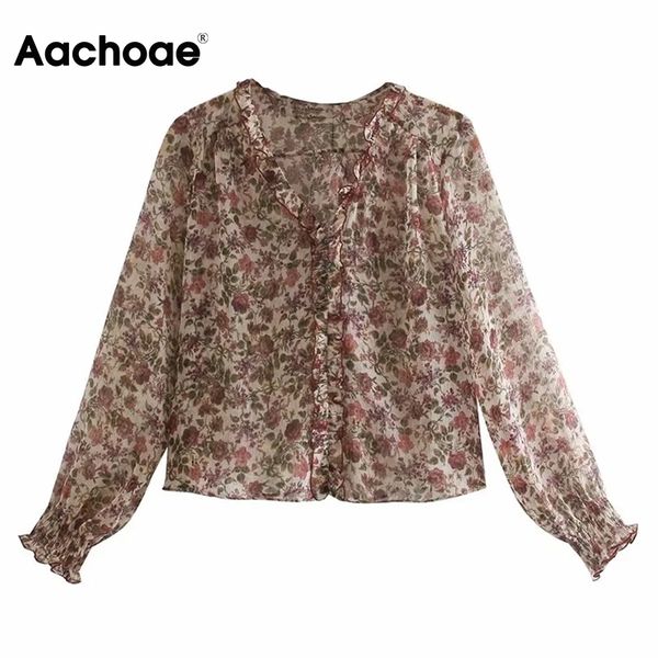 

aachoae elegant v neck floral print blouse women see through long sleeve sweet shirt female ruffles vintage chiffon ladies 210413, White