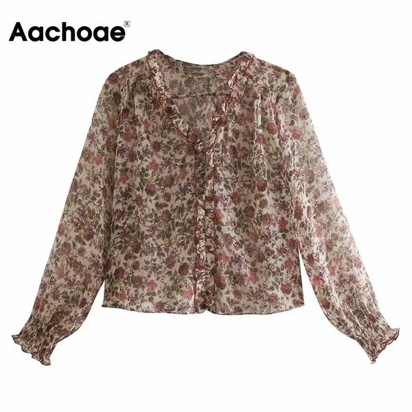 Aachoae Elegante camicetta con stampa floreale con scollo a V Camicetta da donna con maniche lunghe e maniche lunghe con volant femminili Top da donna in chiffon vintage 210413