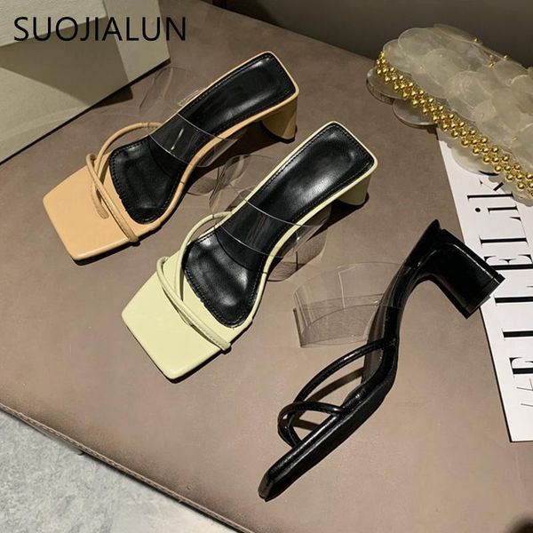 

slippers suojialun 2021 women slipper transparent pvc narrow band sandals summer casual high heel outdoor beach slides shoes, Black