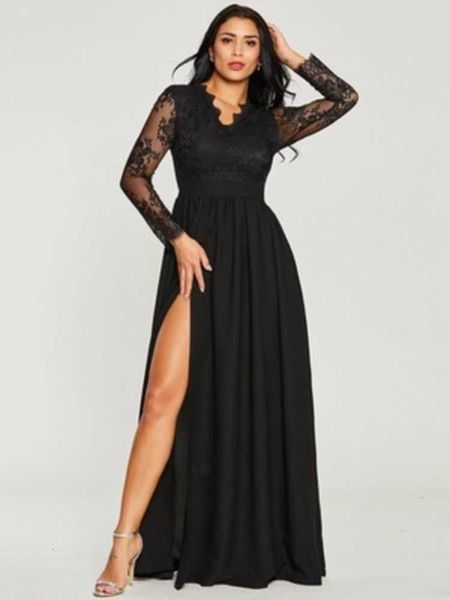 

dresses long casual lace splicing evening drs, Black;gray