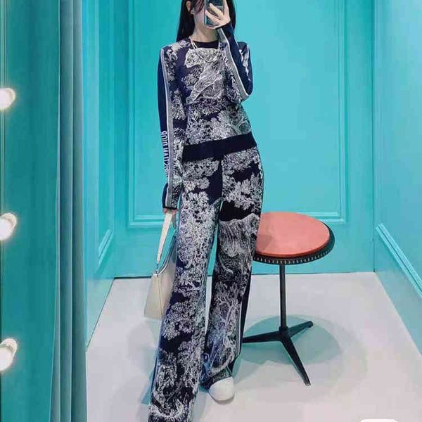 

design clothing d family 21 early autumn new jungle animal wool pullover + elastic waist loose wide leg pants leisure suit, White