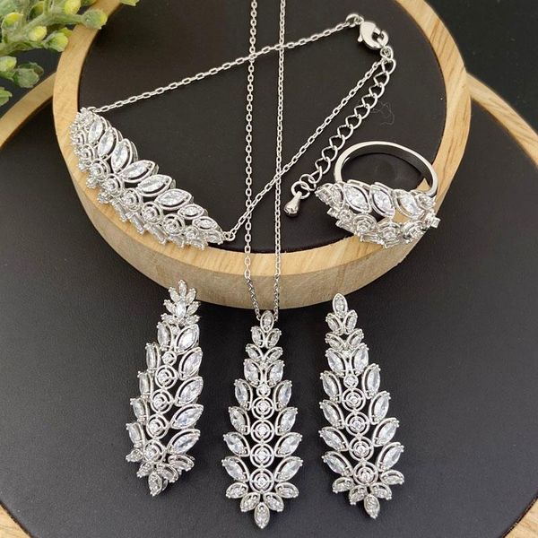 

earrings & necklace vanifi fashion jewelry set luxury flourish leaf zirconia pave with earrings, bracelet and ring for woman banquet gifts, Silver