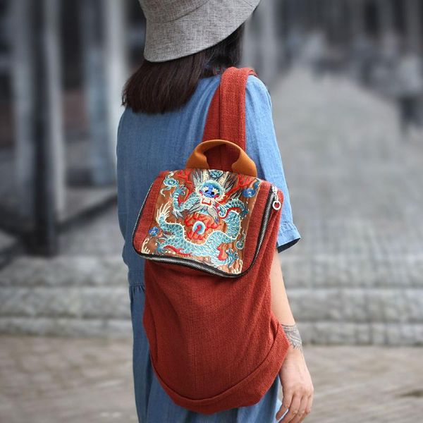 

backpack chinese style embroidery casual cotton linen bucket bag rust red retro