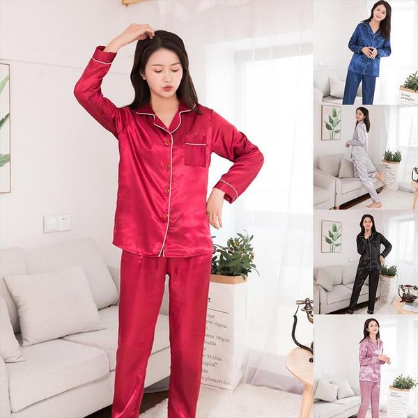 

silk satin pajamas womens sleepwears set couples solid color long sleeve sleepwear suit plus size 2xl, Black;red