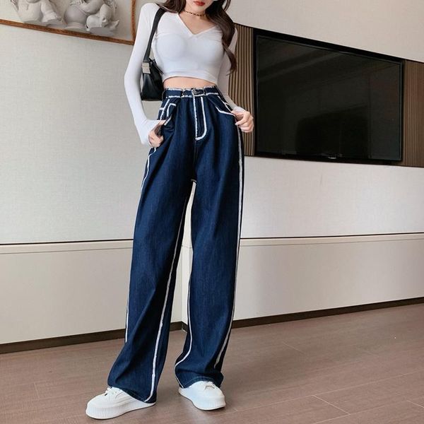 

women's jeans 2021 autumn dark blue high-waisted straight-leg with adjustable buckle fashion all-match wide-leg mopping pants
