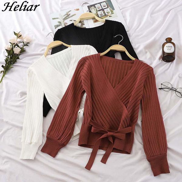 

heliar women sweater v-neck bandage waist sweaters elegant knitted pullovers long sleeve sweater for women 2021 autumn winter, White;black