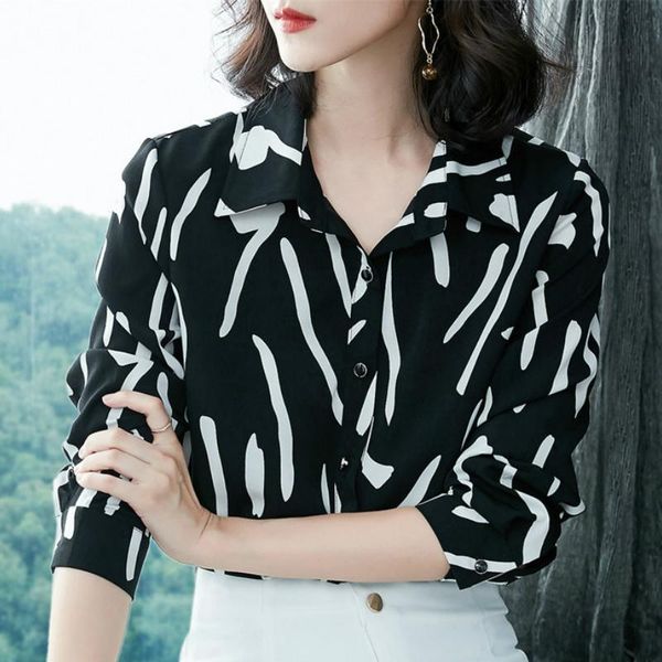 

women's blouses & shirts fashion womens and 2021 spring black striped chiffon blouse long sleeve women blusas femininas a794, White