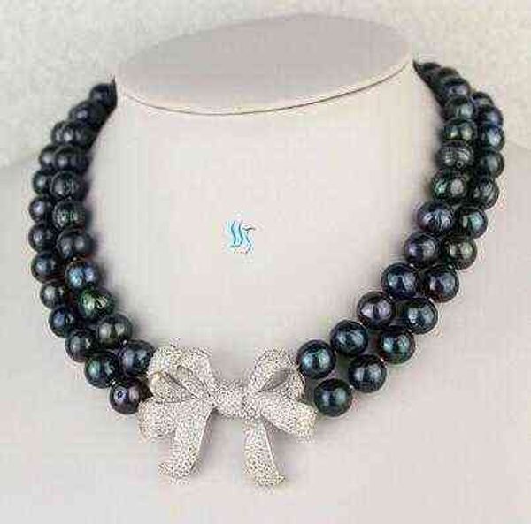 

18-19 8-9mm dark peacock kasumi aa 2row freshwater pearl necklace, Silver