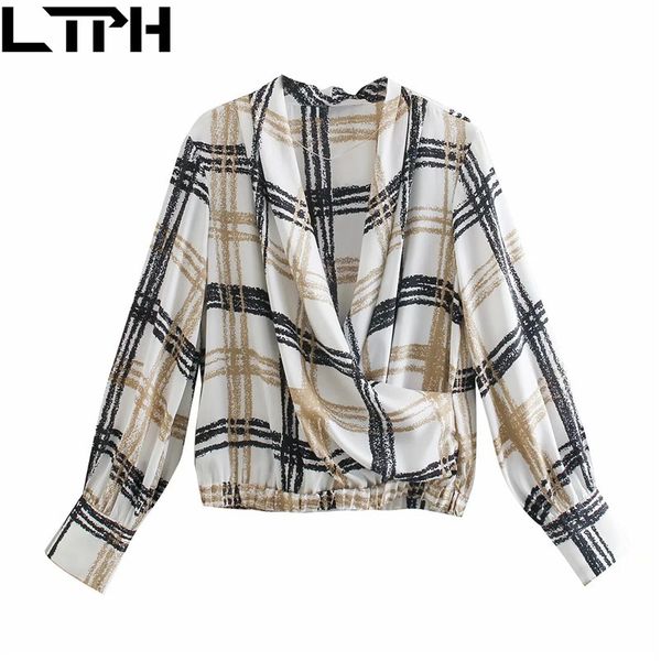 

simple fashion loose plaid long sleeve vintage blouses women shirts v-neck elastic waist spring autumn 210427, White