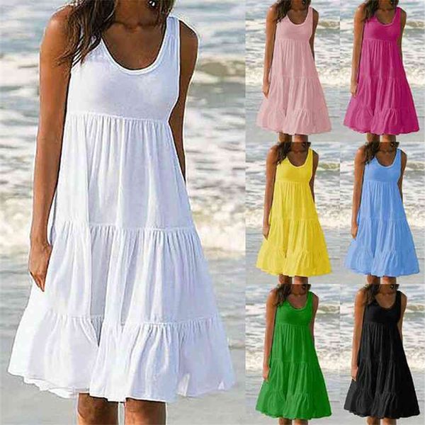 

jocoo jolee women causual o neck sleeveless ruffles mini dress boho solid beach sundress plus size loose dress summer 210331, Black;gray