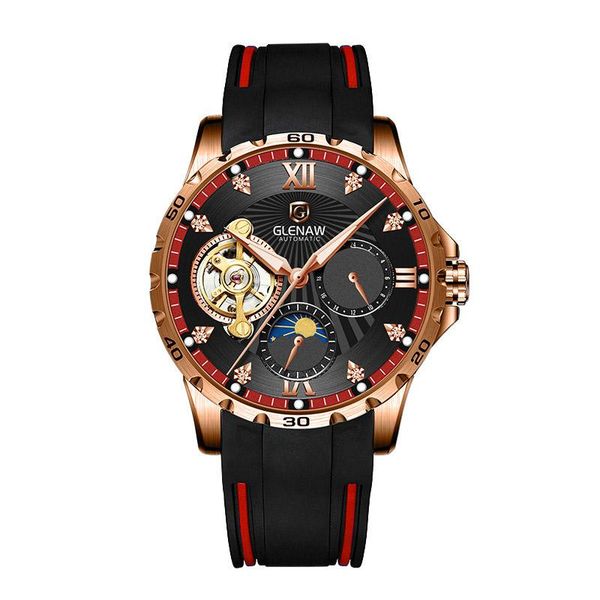 

wristwatches automatic mechanical men's watch fashion design retro tourbillon moon phase silicone strap waterproof montre homme a, Slivery;brown