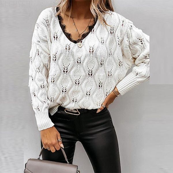 

women's sweaters v-neck patchwork lace jumpers casual women hollow out lady knitted sweater autumn winter long sleeve pullover, White;black