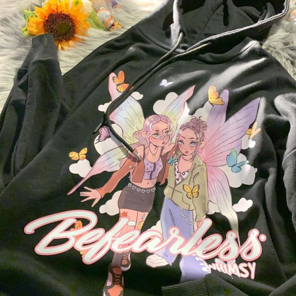 

women's hoodies & sweatshirts anime elf girls print cartoon kawaii japanese fashion teens clothes 2021 autumn streetwear vintage, Black