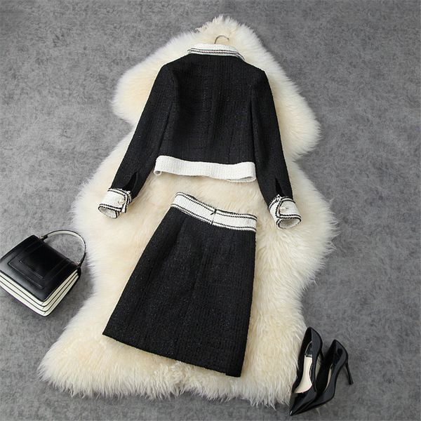 

autumn female suit two garments tweed wool jacket and skirt sets, Black