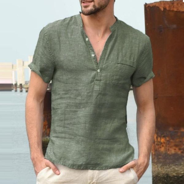 

men's t-shirts 2021 male short sleeve linen button t-shirt o-neck fashion summer solid casual cotton henley loose blouse tee men clothi, White;black