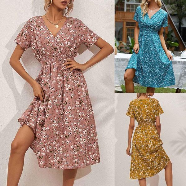 

casual dresses vintage floral print women summer dress 2021 v-neck short sleeve a-line chiffon beach midi vestidos slim, Black;gray