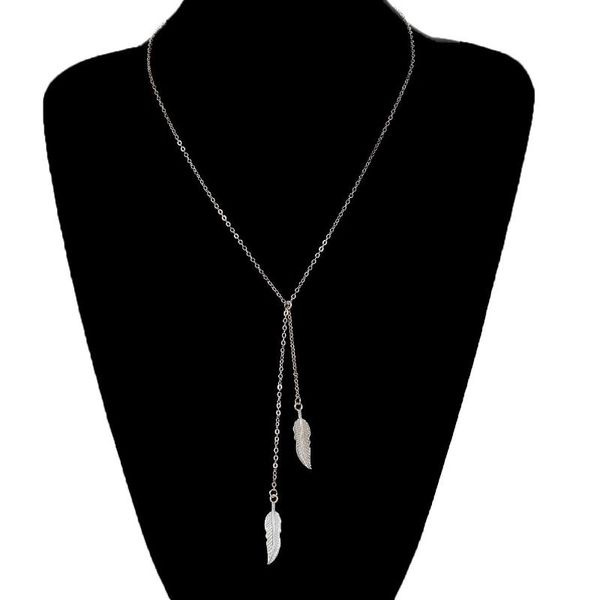 

chains simple design gold color long chain necklaces fancy feather pendant tassel for women jewel, Silver