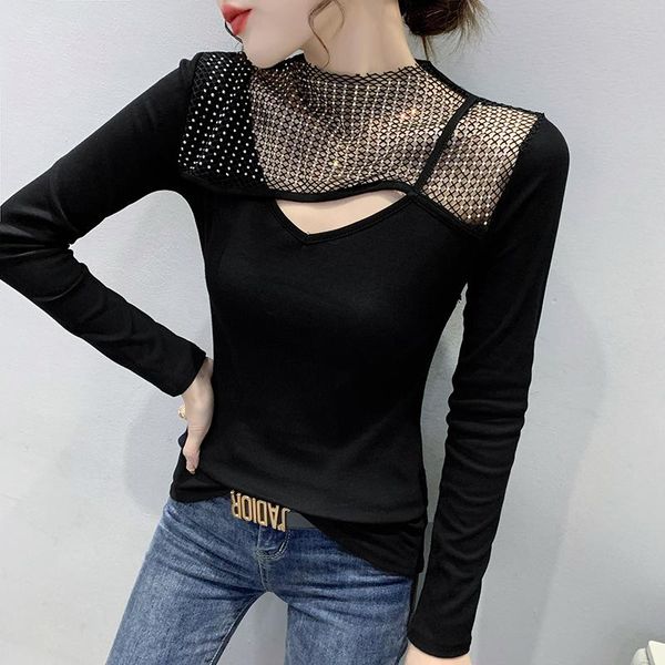 

women's t-shirt bling tshirt woman hollow out t shirt women long sleeve patchwork sequins tshirts, White