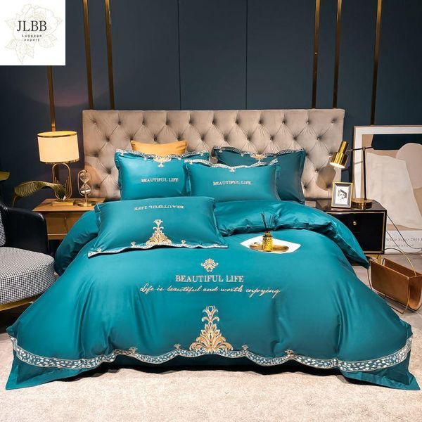 

bedding sets luxury green long-staple cotton gold embroidery set duvet cover flat/fitted sheet pillowcases home textiles bedclothe