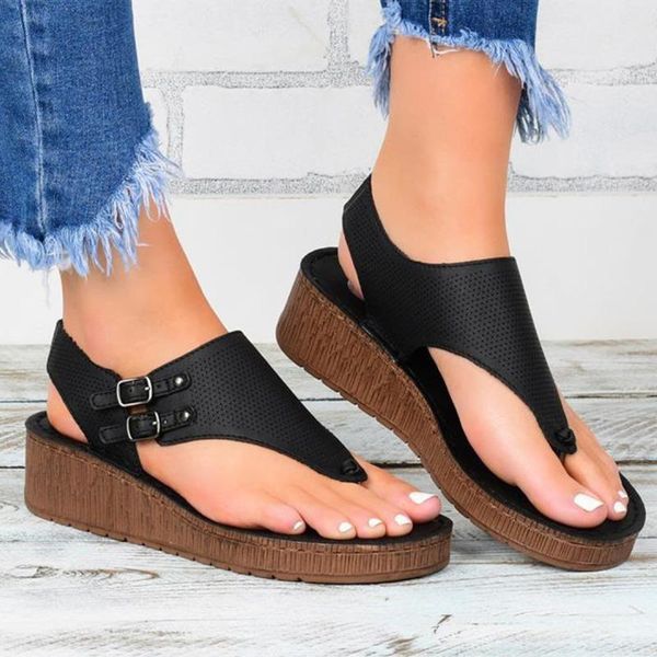 

sandals pu women wedges heels summer shoes for woman plus size platform chaussure femme casual flip flops, Black