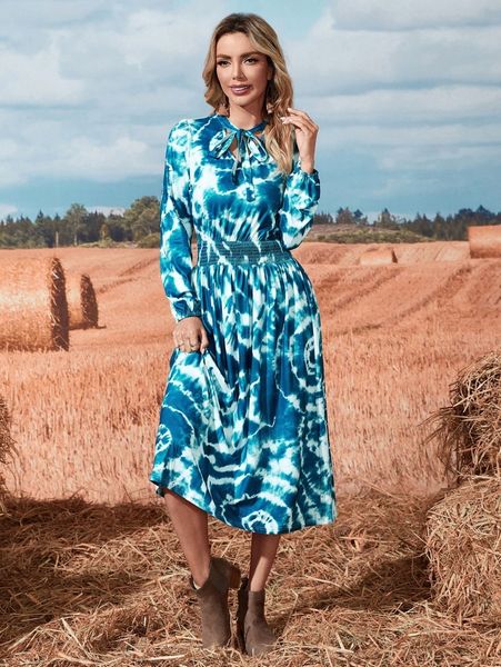 

tie dye shirred waist tie neck dress c6pu#, Black;gray