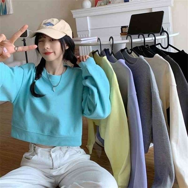 

2021 autumn new solid color short round neck long sleeve women's korean loose sweater, Black