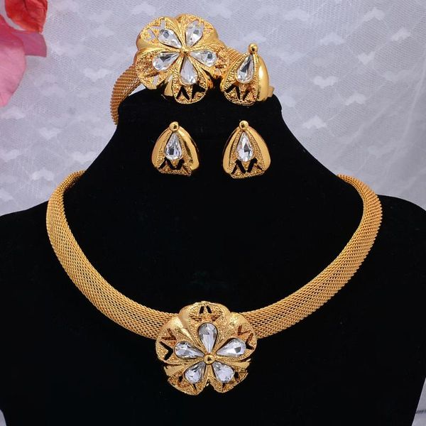 

earrings & necklace 24k dubai zircon gold color jewelry sets for women bracelet ring african wedding ornament gifts set, Silver